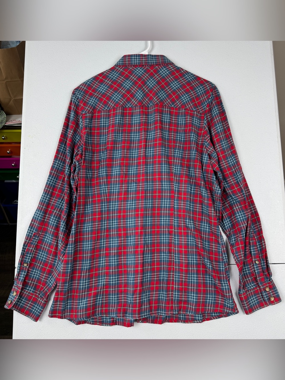 LL Bean Button Down Shirt Womens M Medium Red Blue Plaid Long Roll Tab Sleeve - Picture 2 of 5